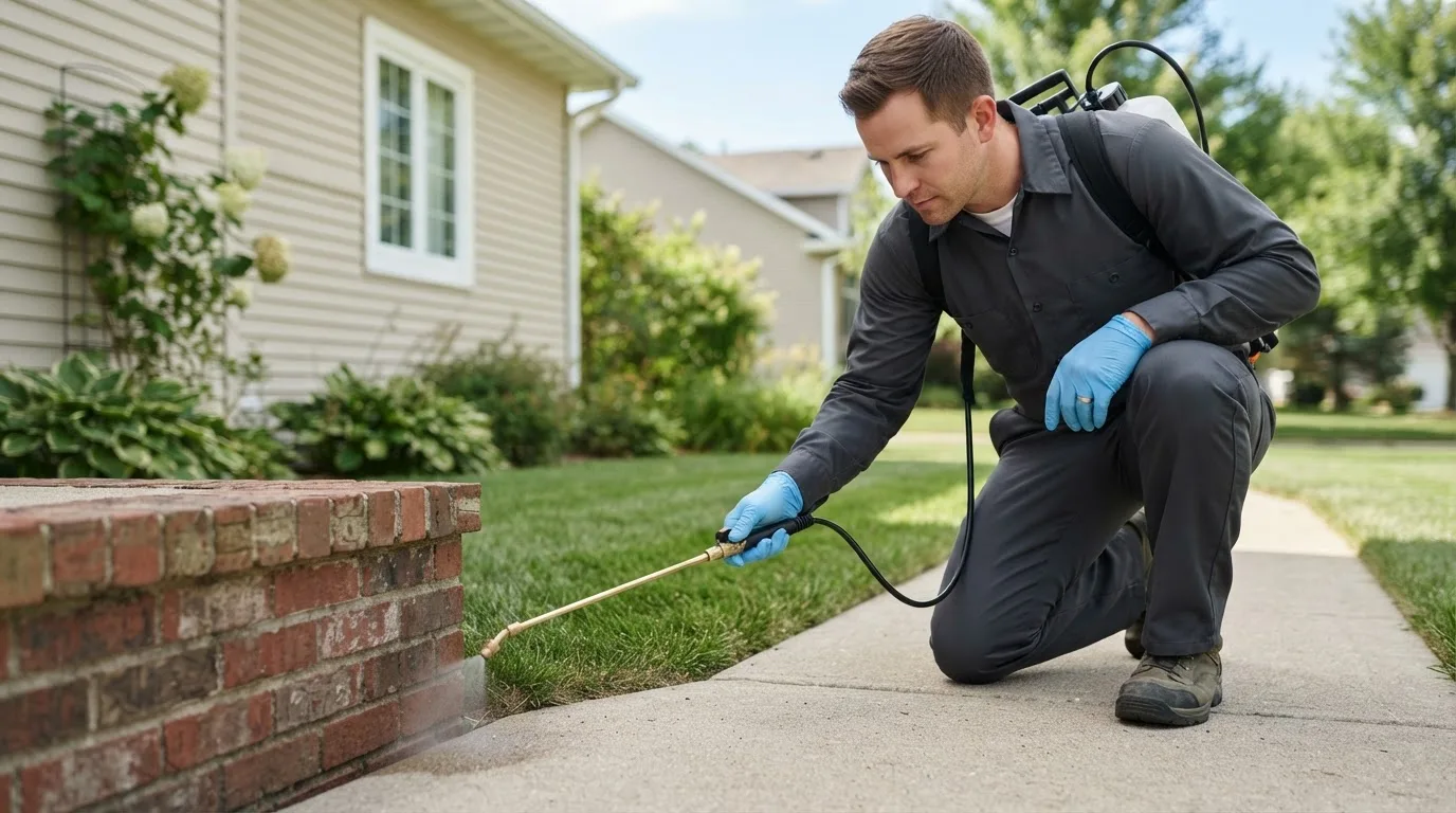 Pest control technician treating a home near Douglas, MA